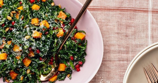 Kale Salad with Butternut Squash, Pomegranate, and Pumpkin Seeds