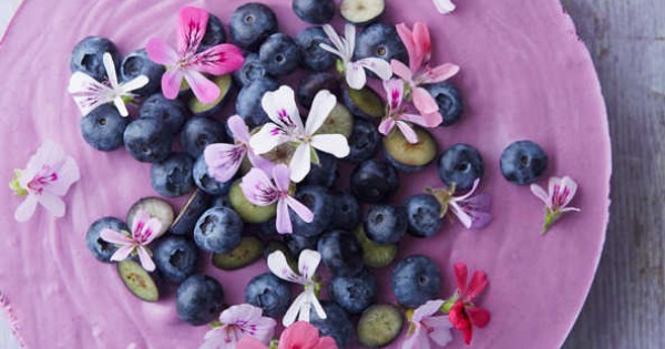 Blueberry lemon mousse cake with scented geranium flowers