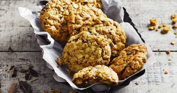 Peanut butter, oat and choc chip cookies