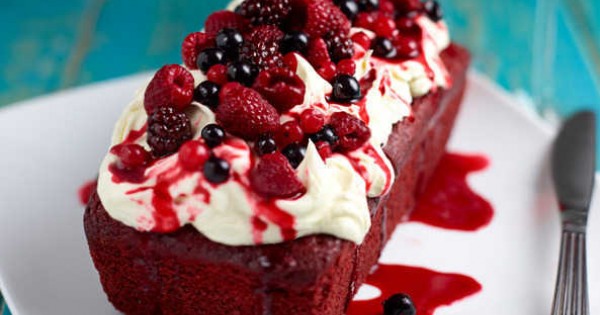 Red velvet loaf with berry frosting