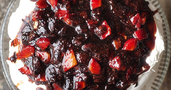 Pavlova with Mascarpone Whipped Cream & Balsamic Strawberry Sauce