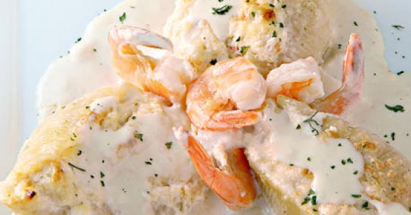 Shrimp & Crab Stuffed Shells in Garlic Cream Sauce