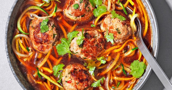 Spiralized veggie noodle soup with prawn and pork meatballs