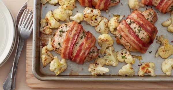 Bacon-Wrapped Pork Chops and Cauliflower Sheet-Pan Dinner