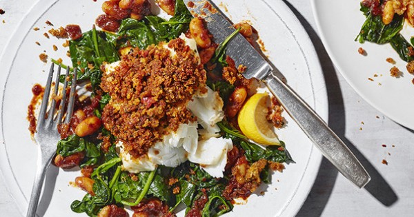 Chorizo baked cod with sticky beans