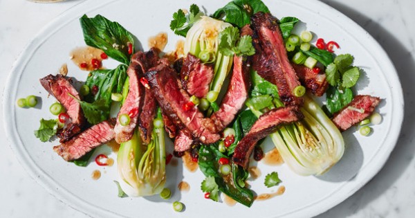 Sticky tamarind steak with miso pak choi