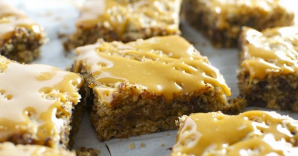 Chocolate Chip Oatmeal Blondies with Coconut and Caramel Drizzle
