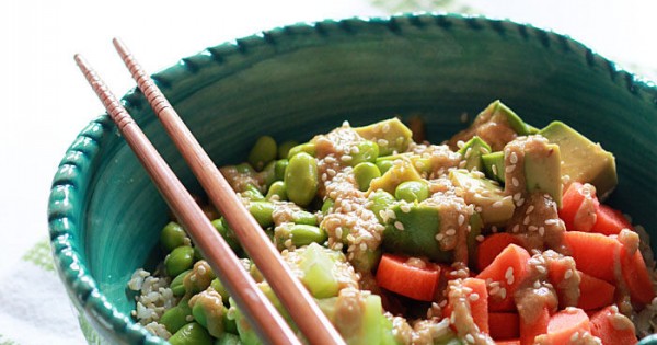 Veggie Roll Sushi Bowl with Creamy Sesame-Wasabi Dressing
