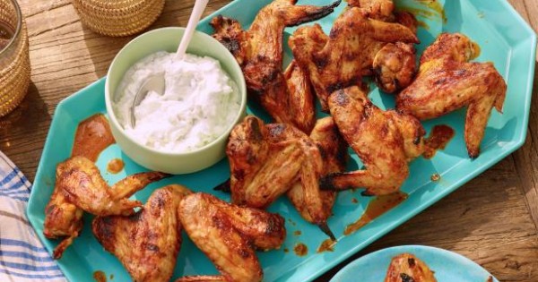 Grilled Chicken Wings with Spicy Chipotle Hot Sauce and Blue Cheese-Yogurt Dipping Sauce