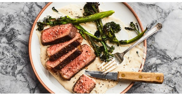 Charred Steak and Broccolini with Cheese Sauce