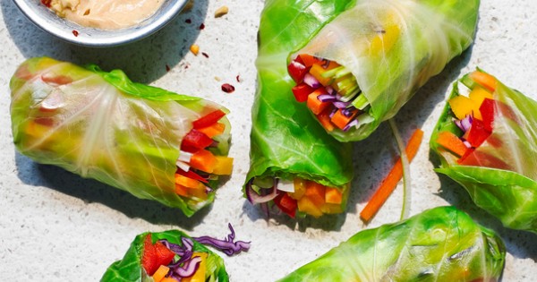 Rainbow summer rolls with a quick satay sauce