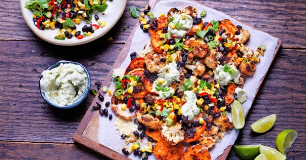 Sweet potato and cauliflower nachos with chargrilled corn salsa