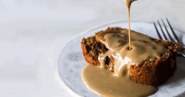 Vegan ginger loaf cake with a caramel sauce