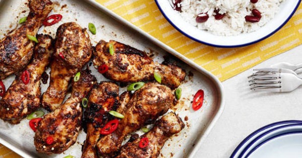 Caribbean - style Jerk chicken and rice and peas