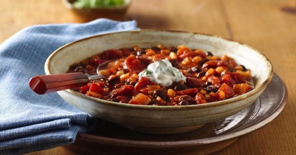 Bean and Barley Chili with Cilantro Sour Cream