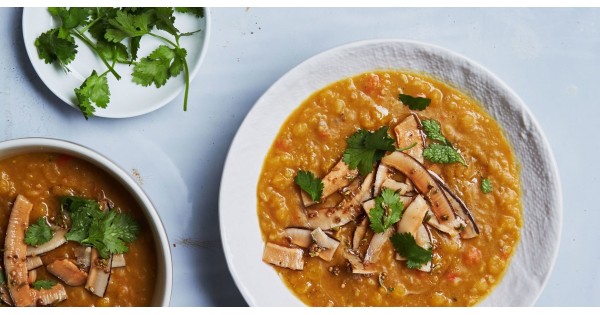 Curried Yellow Split Pea Soup with Spiced Coconut
