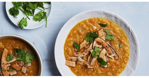 Curried Yellow Split Pea Soup with Spiced Coconut
