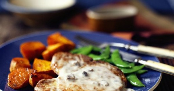 Two Step Mushroom Pork Chops with Sweet Potatoes