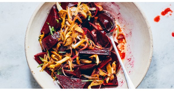 Beet Salad with Pickled Mushrooms and Caramelized Shallots