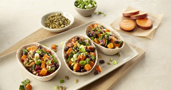 Vegetarian Sweet Potato and Black Bean Whole Wheat Tortilla Bowls