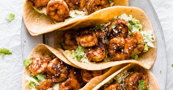 Blackened Shrimp Tacos with Smashed Avocados and Slaw