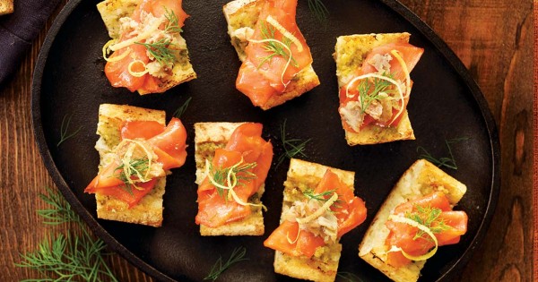 Smoked salmon and herring on toasted baguette