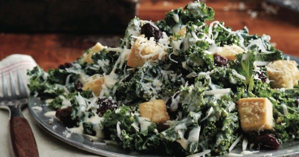 Kale caesar salad with tofu croutons