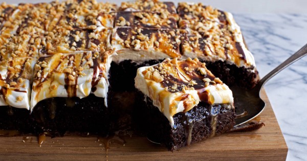 Chocolate-Caramel-Peanut Poke Cake
