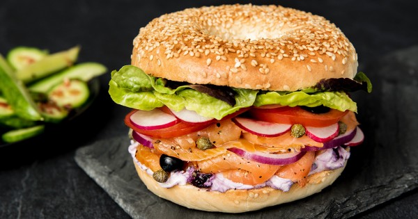 Smoked Salmon, Blueberry Cream Cheese, and Seasonal Vegetable Bagel