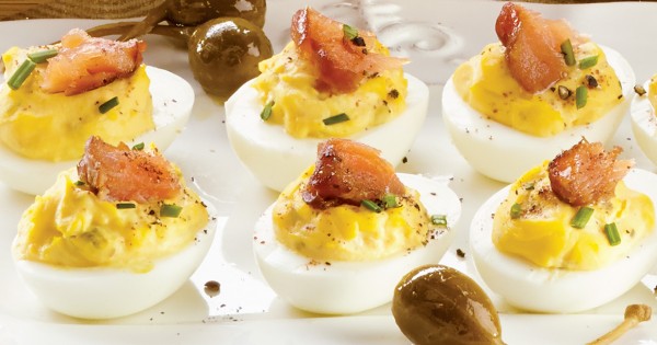 Devilled eggs with hot-smoked salmon