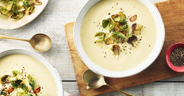 Creamy Roasted Cauliflower Soup with Garlicky Lemon Sprouts