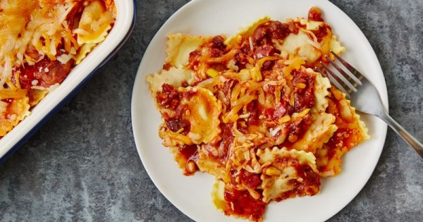 Creamy Enchilada Ravioli Casserole