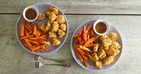 Skinny Popcorn Chicken with Sweet Potato Fries