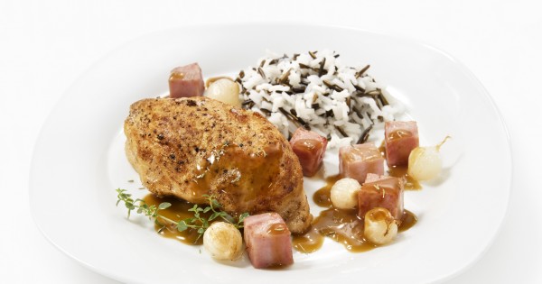 Chicken breast and fried ham with onions