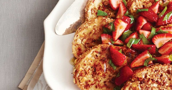 Crunchy cranberry-orange french toast with strawberry-basil topping