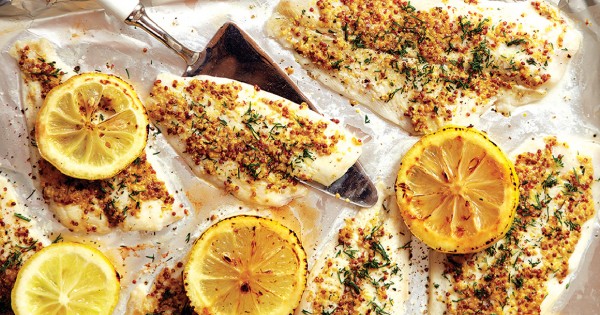 Broiled Mustard Crusted Tilapia with Charred Lemons