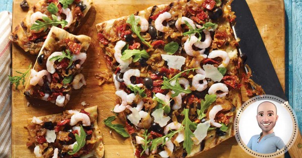 Grilled shrimp pissaladiere