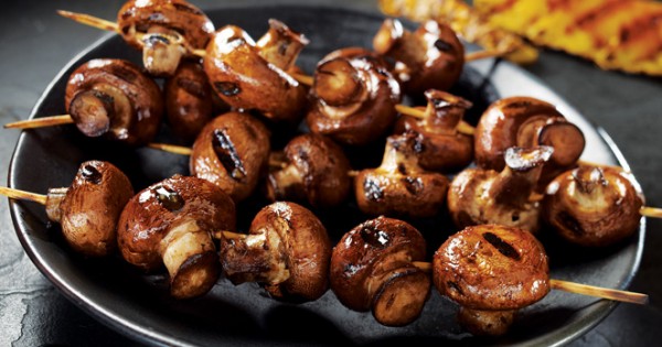 Portobello mushroom brochettes with maple, miso, and pineapple glaze from François Chartier