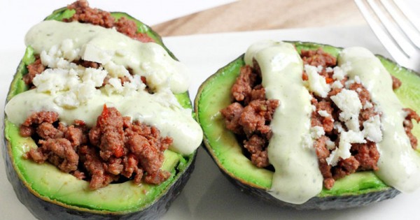 Ground Beef Stuffed Avocados with Creamy Cilantro Sauce