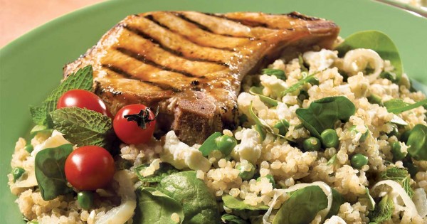 Quinoa with green vegetables, mint and feta cheese