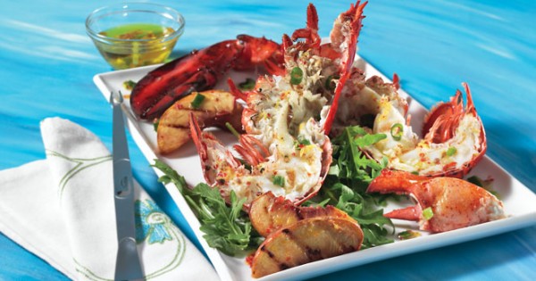 Grilled lobster and peaches with lemon and pink pepper