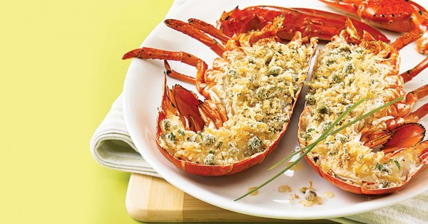 Grilled lobster with lemon and chive breadcrumbs