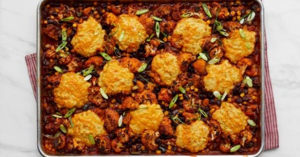 Roasted Vegetable Chili with Cornbread Biscuits