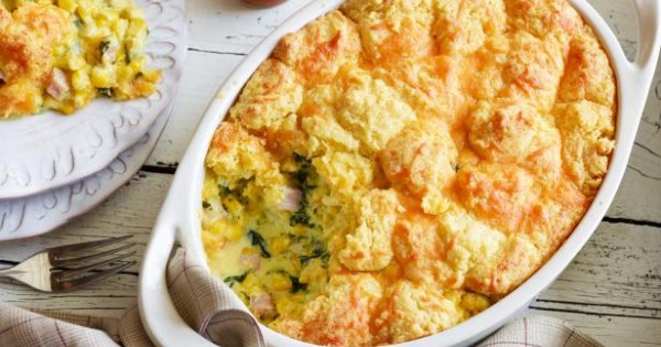 Breakfast Cornbread Casserole with Ham and Kale