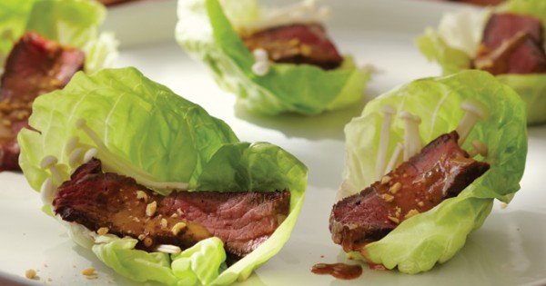 Grilled bison & enoki mushroom lettuce rolls with peanut sauce