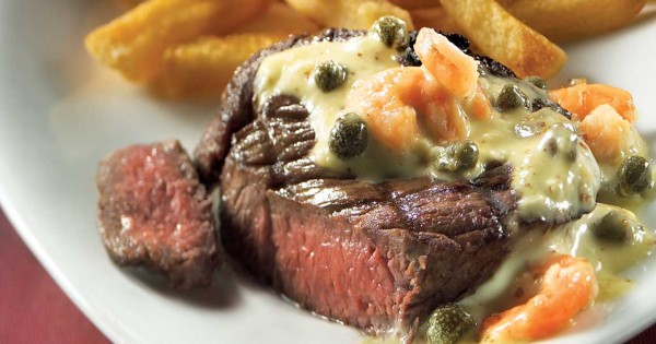 Bison tournedos with shrimp, caper and horseradish sauce