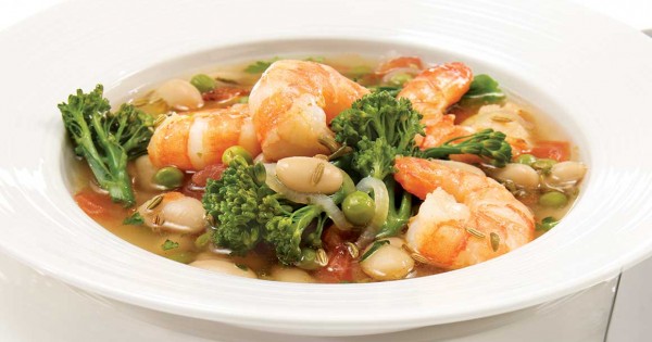 Broccolini, shrimp and fennel seed soup