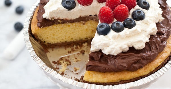 Yellow Cake Pie with Chocolate Mousse and Berries