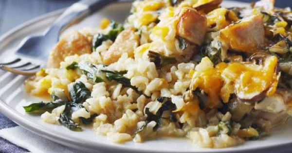 Cheesy Brown Rice, Swiss Chard & Chicken Bake