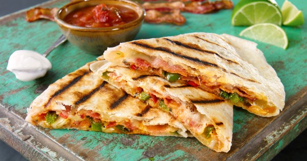 Bacon, cheese and roasted vegetable quesadillas